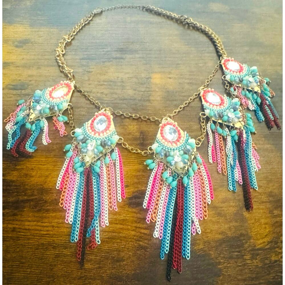 Colorful Tribal Boho Statement Necklace Pink Blue Gold Festival Women's Jewelry